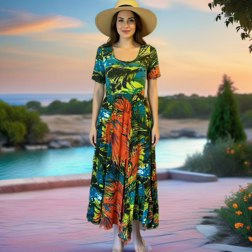 Vintage Phool Tropical Colorful Fit Flare Long Dress Women M Asymmetrical Hem